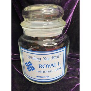 Vintage Royall National Bank Glass Jar With Lid - "Wishing You Well" - 6.5" Tall